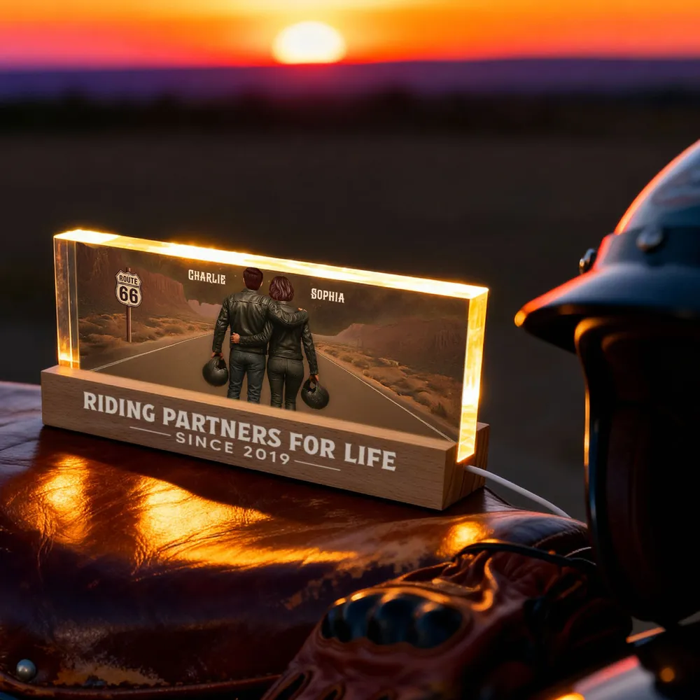 Personalized Block LED Light Plaque with Biker Couple Back View on Route 66, Warm Glow Bedroom Decor, Unique Gift for Couple - Image 5