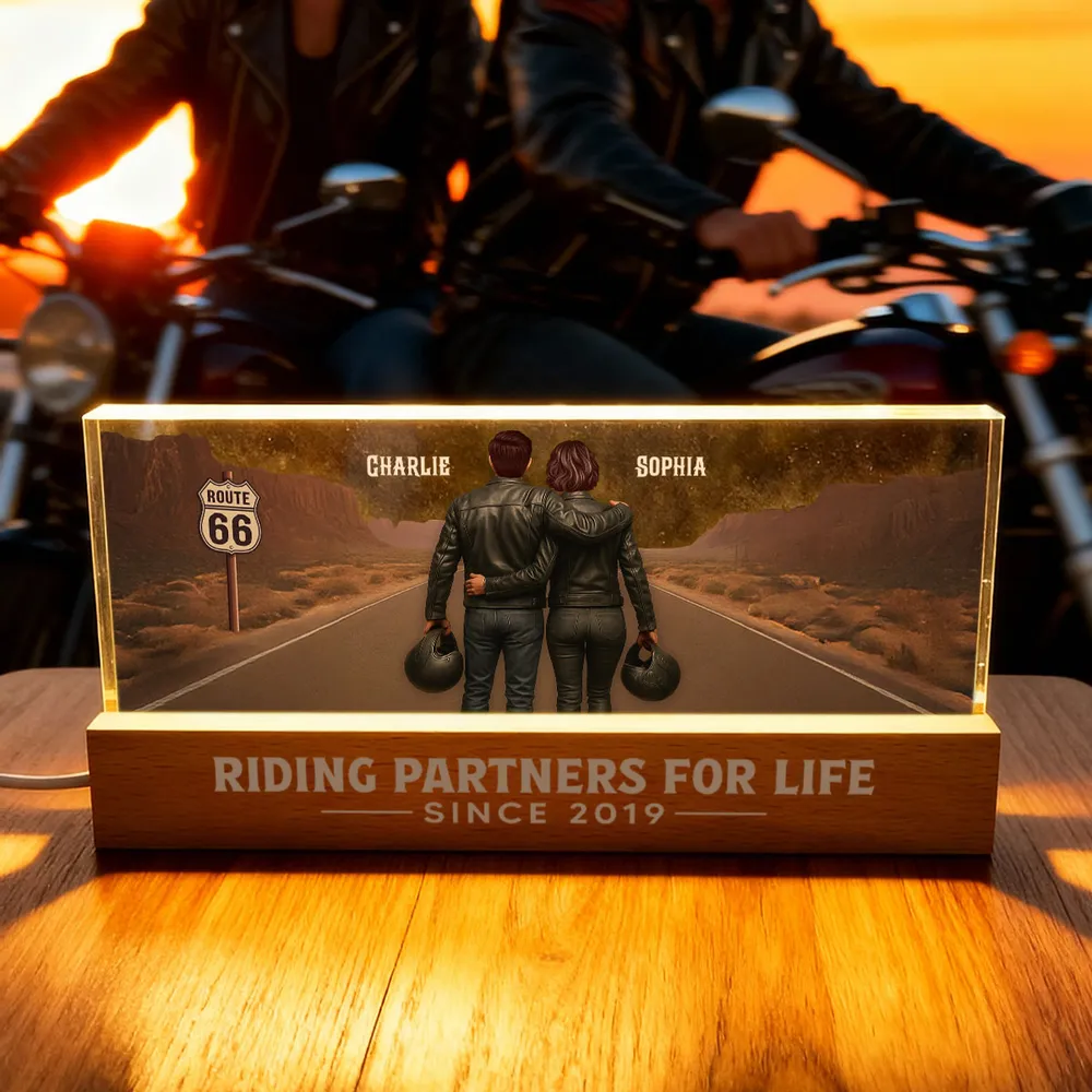 Personalized Block LED Light Plaque with Biker Couple Back View on Route 66, Warm Glow Bedroom Decor, Unique Gift for Couple - Image 7
