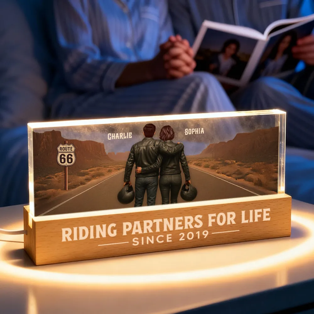 Personalized Block LED Light Plaque with Biker Couple Back View on Route 66, Warm Glow Bedroom Decor, Unique Gift for Couple - Image 8