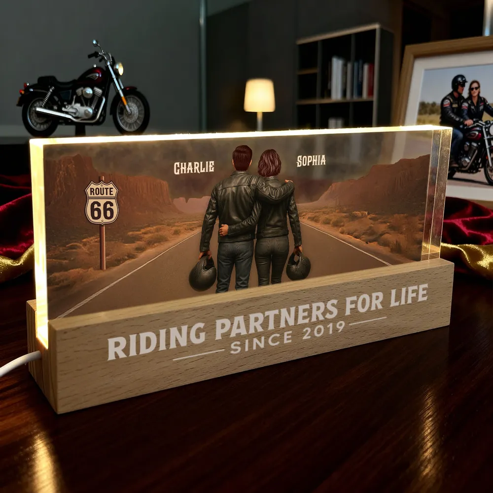 Personalized Block LED Light Plaque with Biker Couple Back View on Route 66, Warm Glow Bedroom Decor, Unique Gift for Couple - Image 9