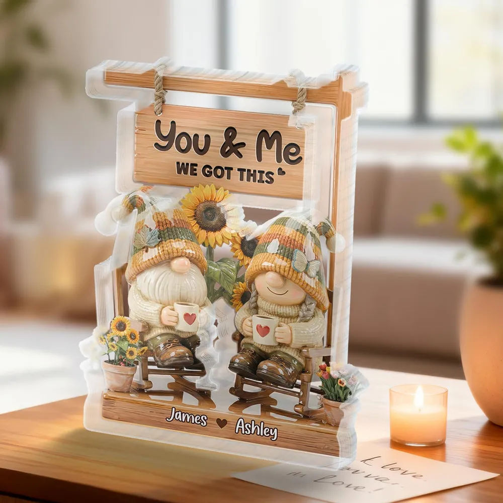 Shaped Acrylic Block Plaque With You & Me Quote Cozy Gnome Couple Shelf Decor A Sweet Personalized Gift for Someone Special - Image 3