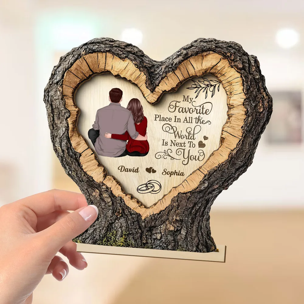 Personalized 2-Layer Wooden Plaque Heart Tree Ring Couple Hugging Unique Gift for Wife or Husband, My Favorite Place Is Next To You - Image 7