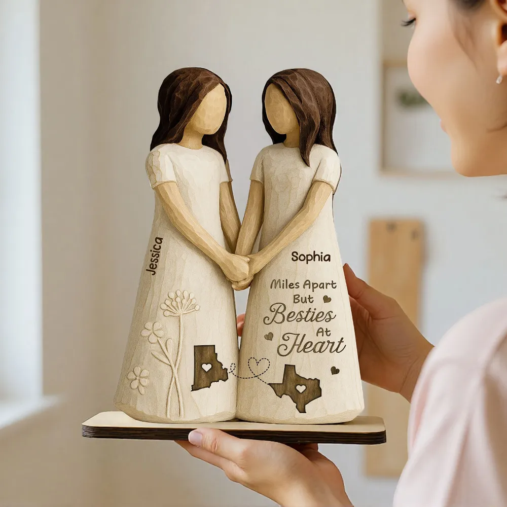 Personalized Wooden Plaque Besties At Heart Long-Distance Friends Holding Hands Rustic Shelf Decor Unique Gift - Image 11