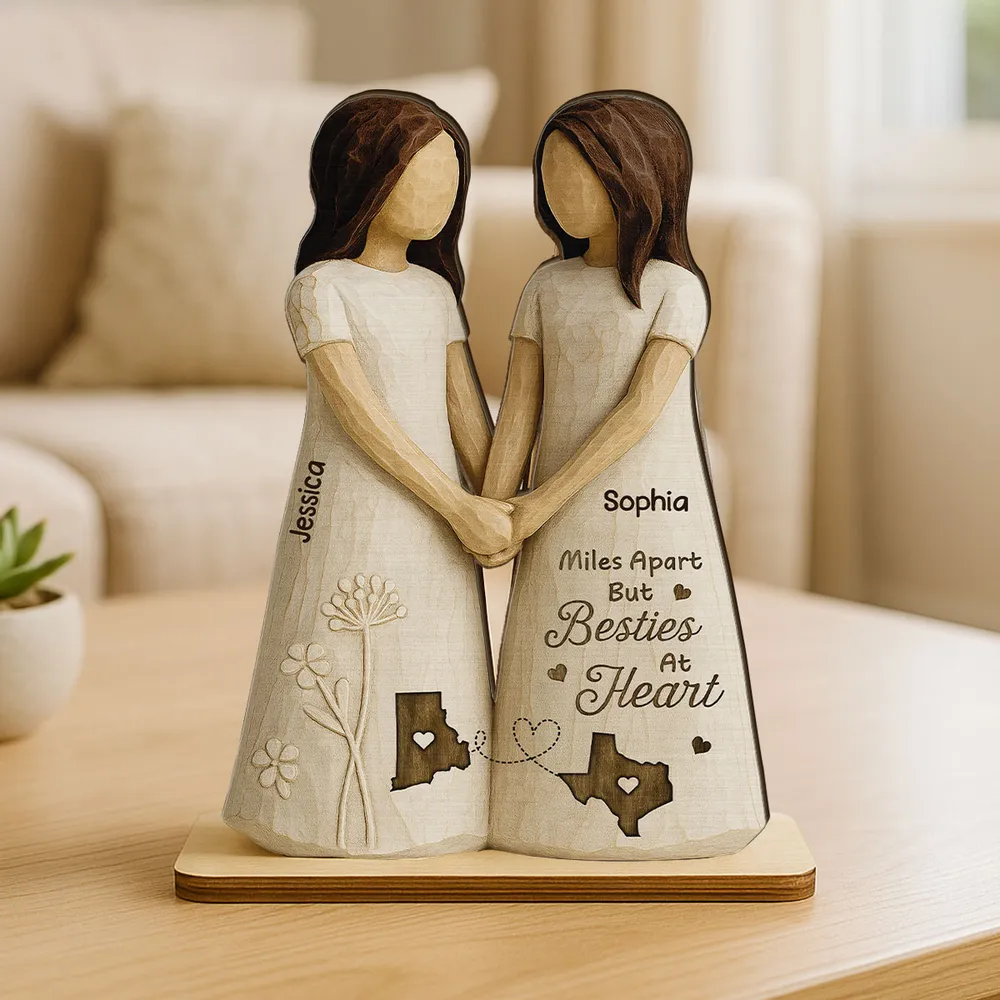 Personalized Wooden Plaque Besties At Heart Long-Distance Friends Holding Hands Rustic Shelf Decor Unique Gift - Image 6