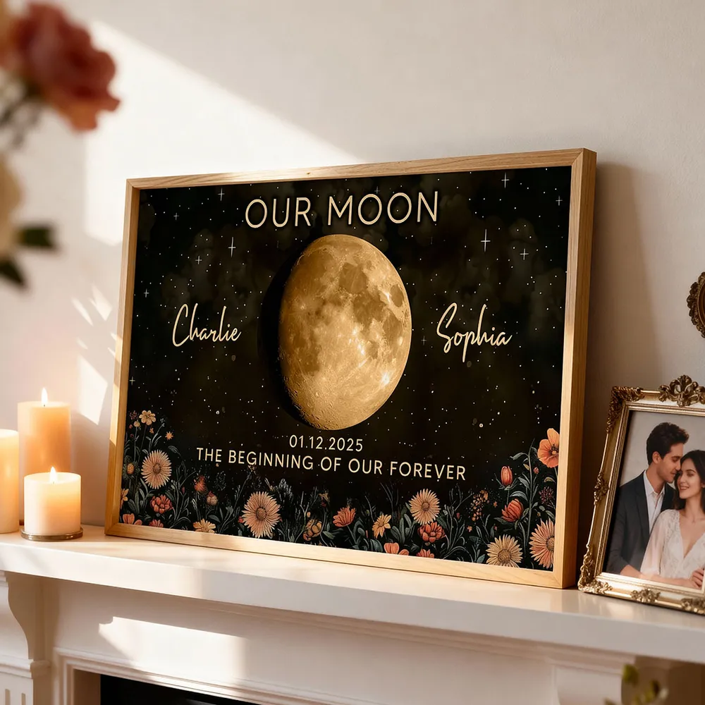 Personalized Moon Phase Poster Night Sky Floral Wall Art Unique Gift for Couple - Our Moon Keepsake Decor - Image 2