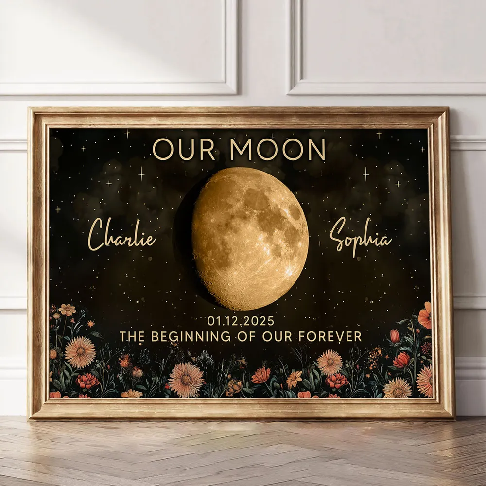 Personalized Moon Phase Poster Night Sky Floral Wall Art Unique Gift for Couple - Our Moon Keepsake Decor - Image 3