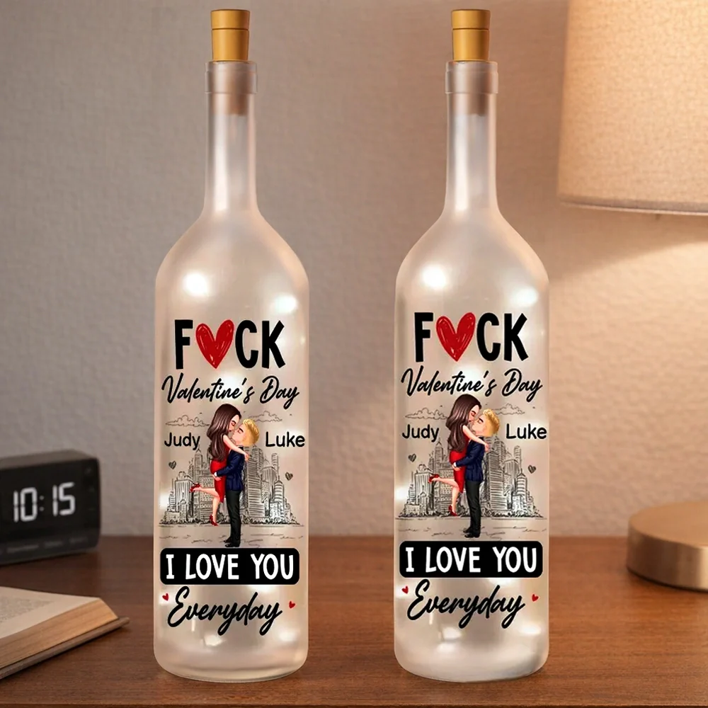 Personalized Bottle Lamp With Couple Hugging City Sketch, I Love You Everyday, Unique Valentine's Day Gift With Warm Glow