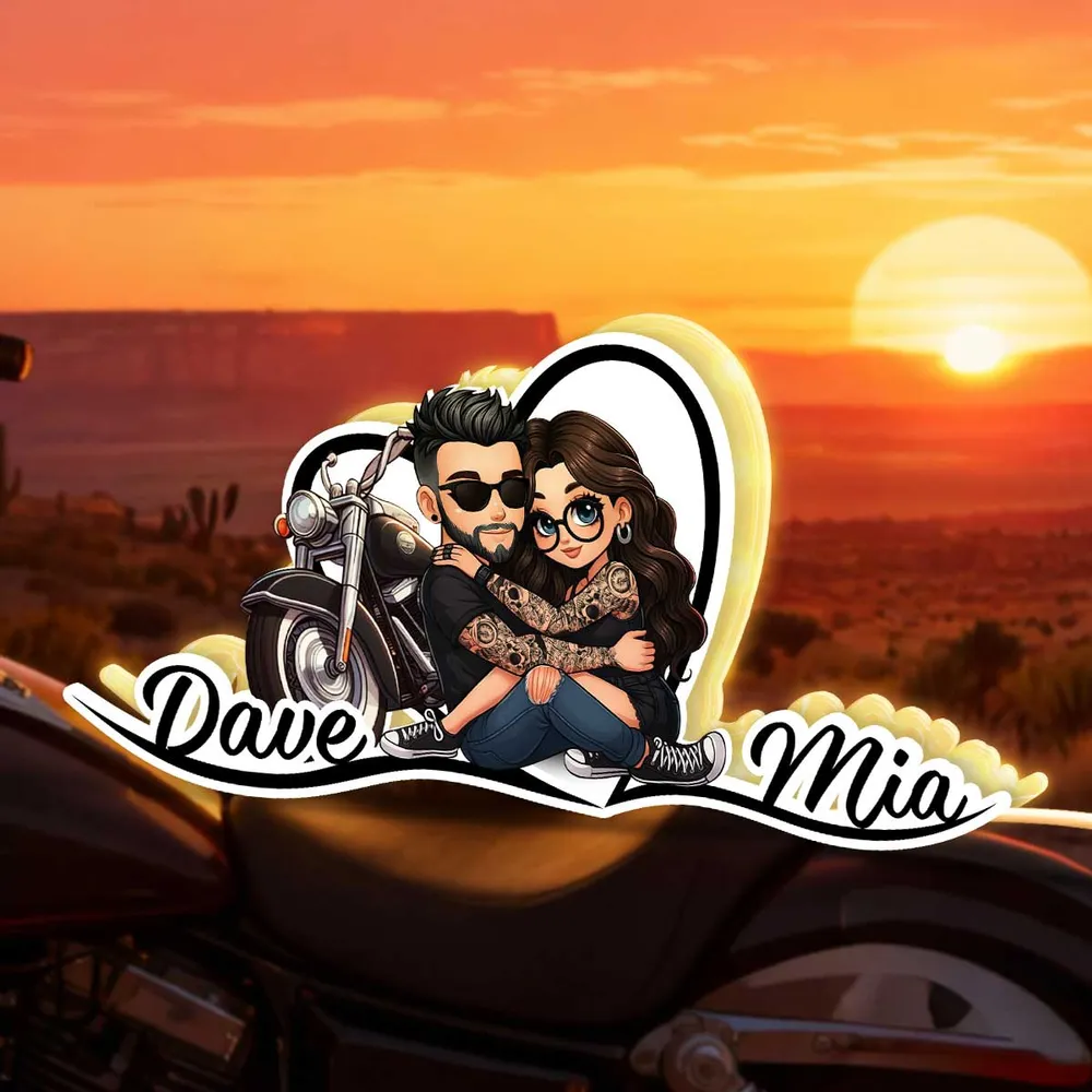 Personalized Acrylic Light Box Sunset Biker Couple Hugging by a Motorcycle Warm Glow Unique Gift for Couples - Image 2