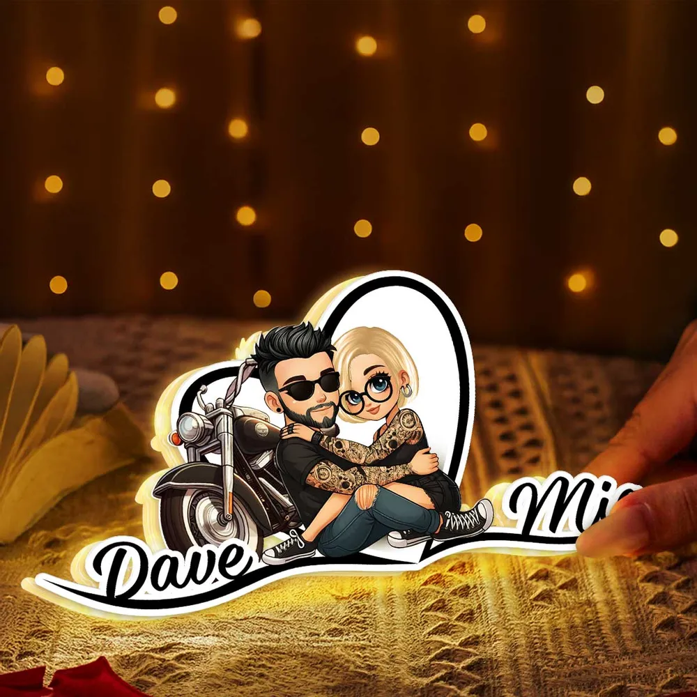 Personalized Acrylic Light Box Sunset Biker Couple Hugging by a Motorcycle Warm Glow Unique Gift for Couples - Image 3