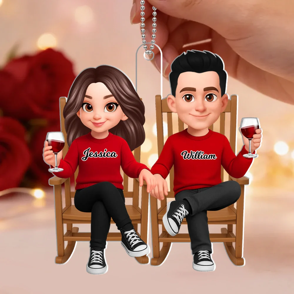 Personalized Acrylic Car Hanger Cute Cartoon Couple Toasting Wine Rearview Mirror Decor Unique Gift for Couples - Image 2