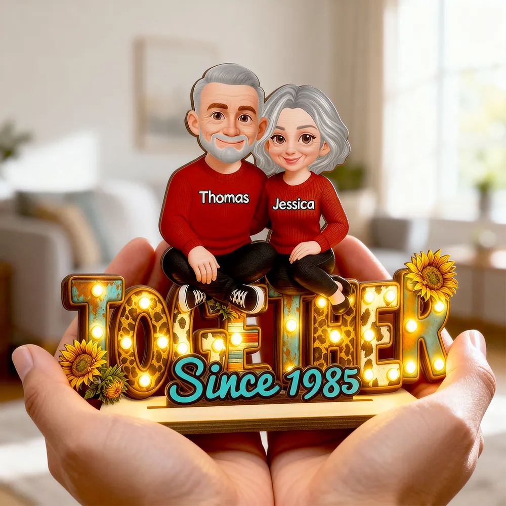 2-Layer Wooden Plaque with Cute Cartoon Couple Sitting Together, Sweet Home Decor Keepsake Gift - Image 2