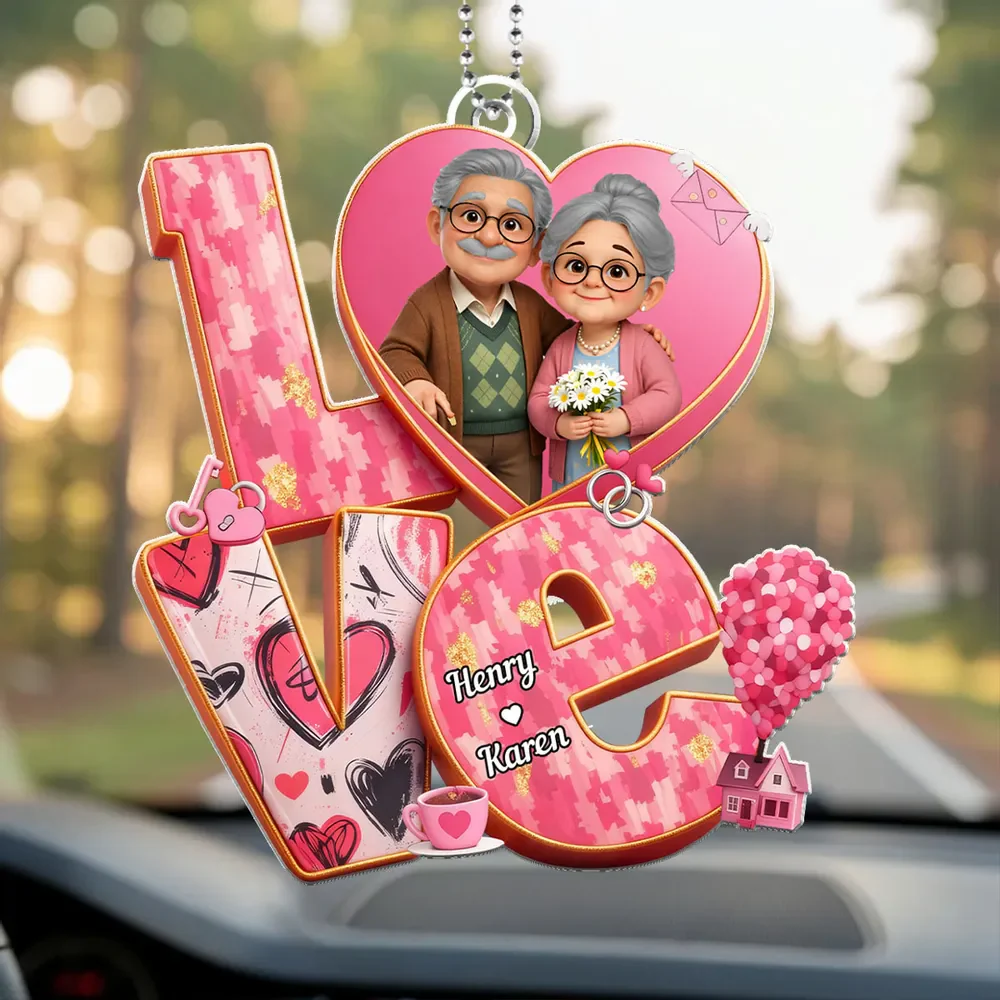 Personalized Acrylic Car Hanger, Cute Elderly Couple in Heart LOVE Design, Sweet Rearview Mirror Decor, Unique Gift for Couples - Image 5