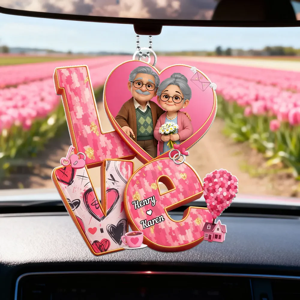 Personalized Acrylic Car Hanger, Cute Elderly Couple in Heart LOVE Design, Sweet Rearview Mirror Decor, Unique Gift for Couples - Image 7