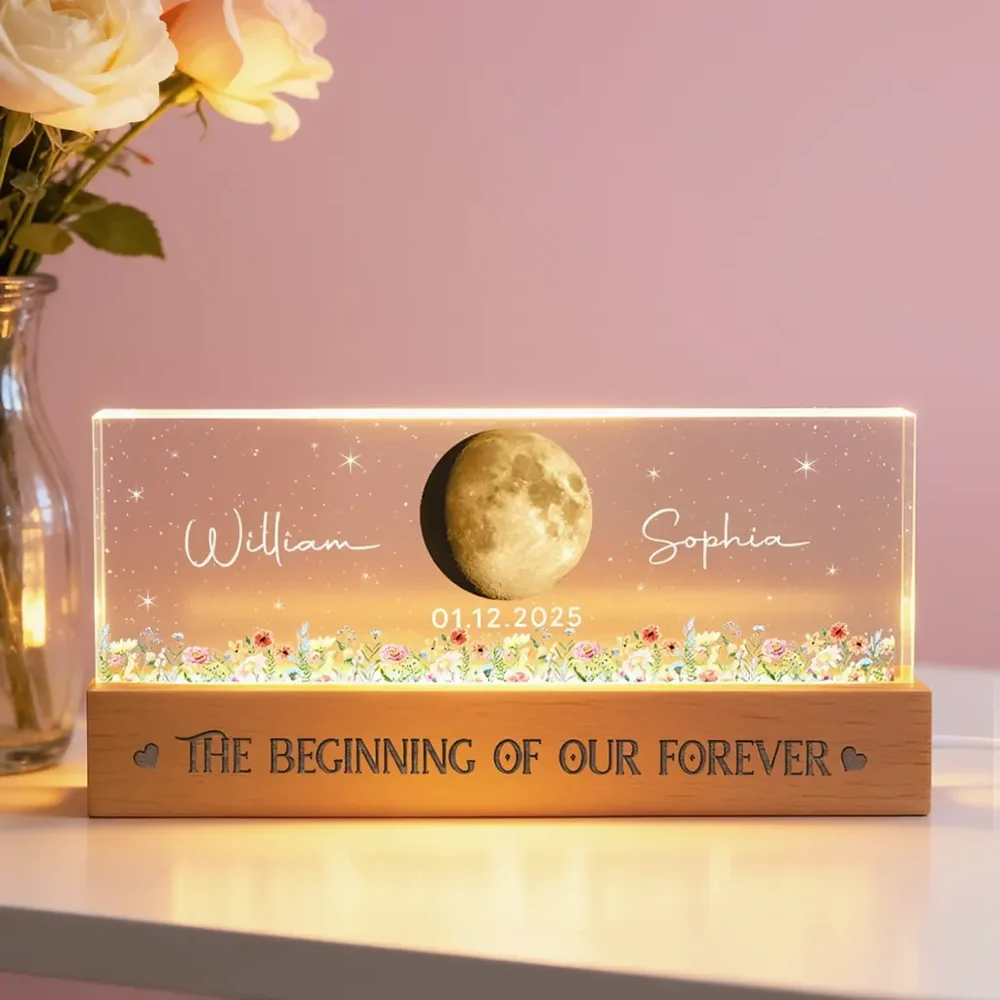 Personalized Moon Phase Block LED Light Plaque With Floral Stars, Romantic Bedside Decor, Unique Couple Gift