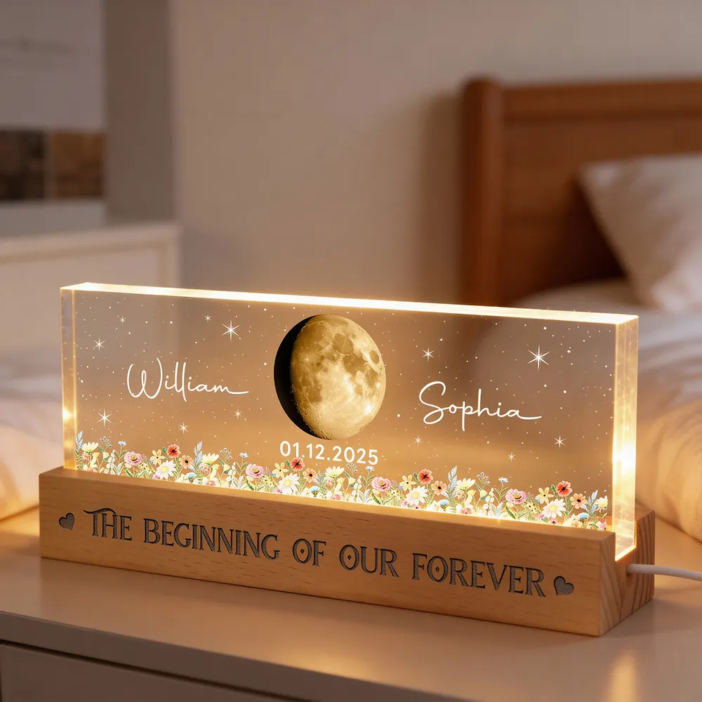 Personalized Moon Phase Block LED Light Plaque With Floral Stars, Romantic Bedside Decor, Unique Couple Gift - Image 2
