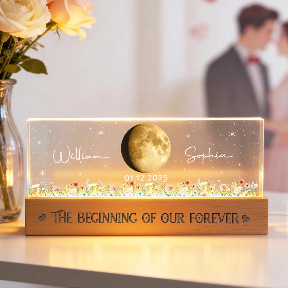 Personalized Moon Phase Block LED Light Plaque With Floral Stars, Romantic Bedside Decor, Unique Couple Gift - Image 3