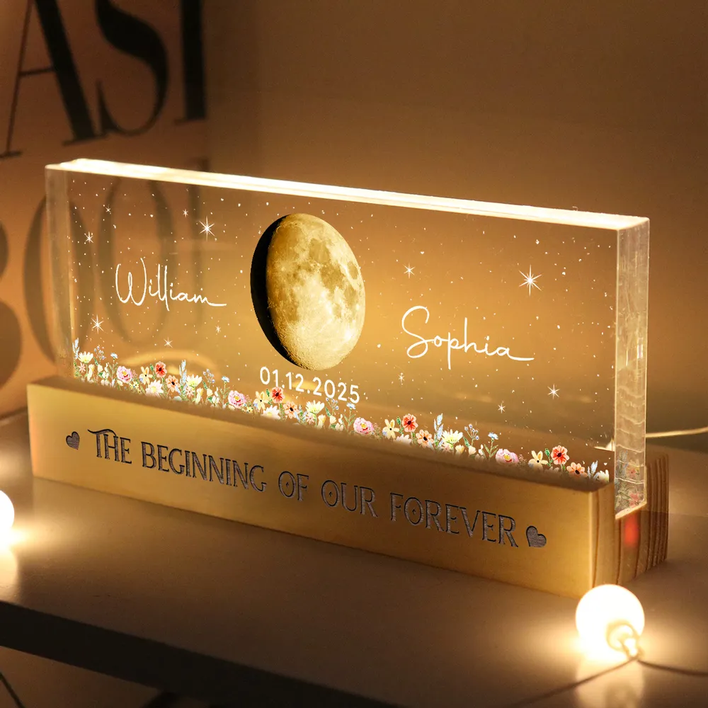 Personalized Moon Phase Block LED Light Plaque With Floral Stars, Romantic Bedside Decor, Unique Couple Gift - Image 5