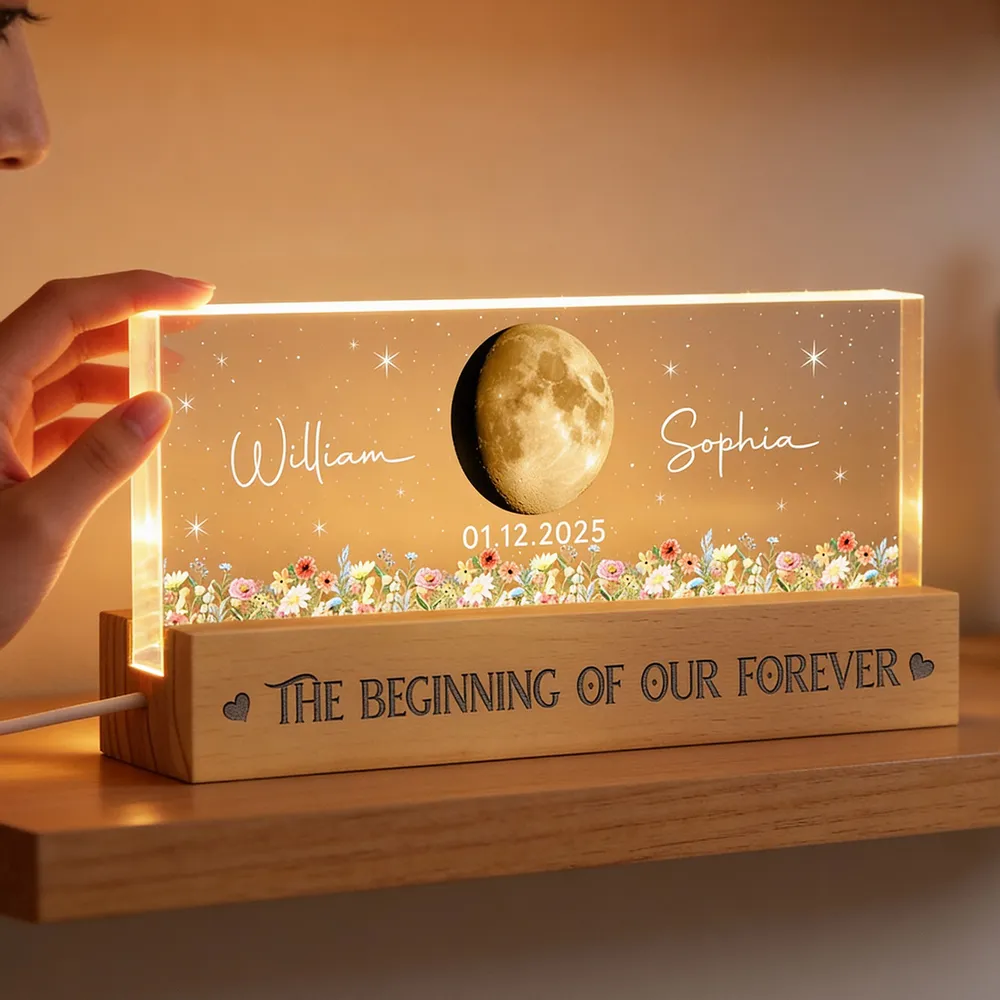 Personalized Moon Phase Block LED Light Plaque With Floral Stars, Romantic Bedside Decor, Unique Couple Gift - Image 9