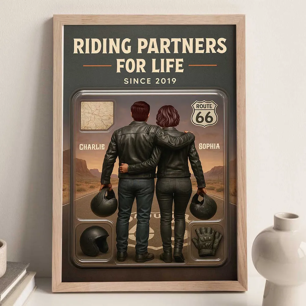 Personalized Biker Couple Poster Riding Partners For Life Route 66 Sunset Wall Art - Unique Gift For Couples - Image 2