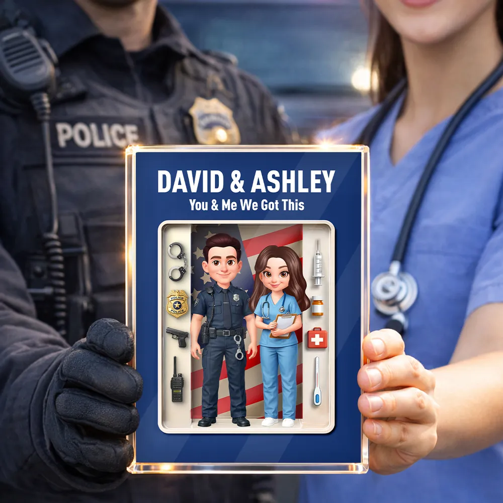 Rectangle Acrylic Block Plaque with Police & Nurse Couple and US Flag, Personalized Keepsake Gift for Him & Her - Image 2