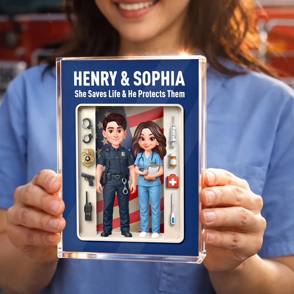 Rectangle Acrylic Block Plaque with Police & Nurse Couple and US Flag, Personalized Keepsake Gift for Him & Her - Image 3