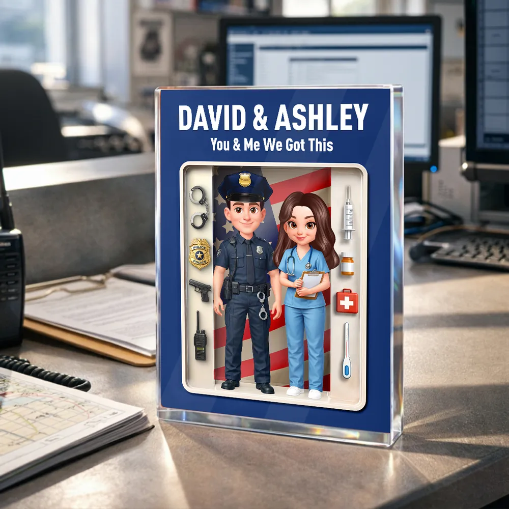Rectangle Acrylic Block Plaque with Police & Nurse Couple and US Flag, Personalized Keepsake Gift for Him & Her - Image 6