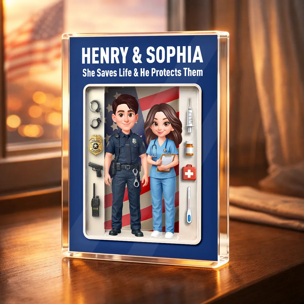 Rectangle Acrylic Block Plaque with Police & Nurse Couple and US Flag, Personalized Keepsake Gift for Him & Her - Image 7