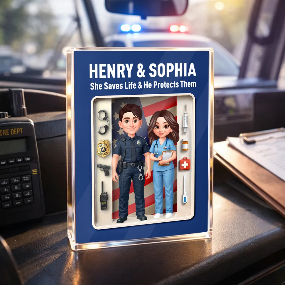 Rectangle Acrylic Block Plaque with Police & Nurse Couple and US Flag, Personalized Keepsake Gift for Him & Her - Image 8