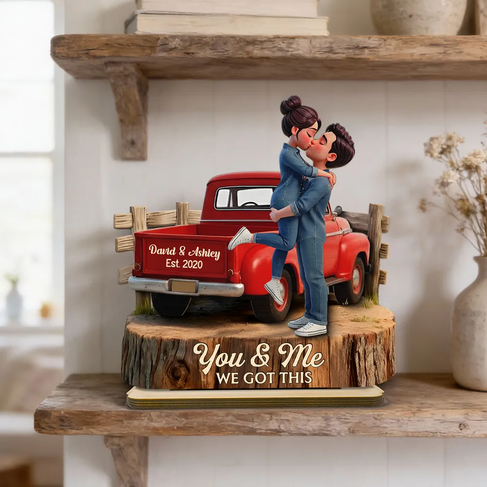 Personalized 2-Layer Wooden Plaque with Kissing Couple in Red Pickup Truck, Farmhouse Decor, Unique Gift for Couples - Image 3