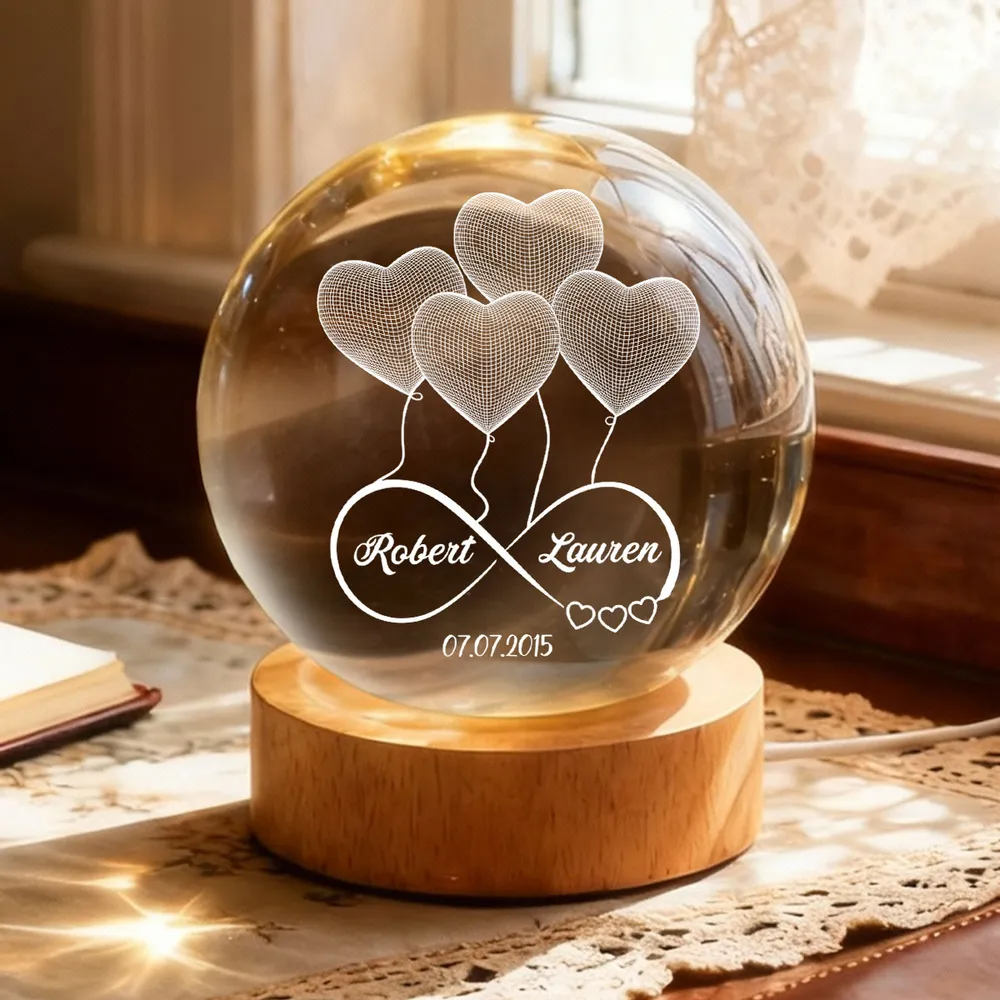 Personalized Crystal Ball LED Night Light Infinity Heart Balloon Couple Night Light, Romantic Bedroom Decor, Unique Gift for Her or Him - Image 3