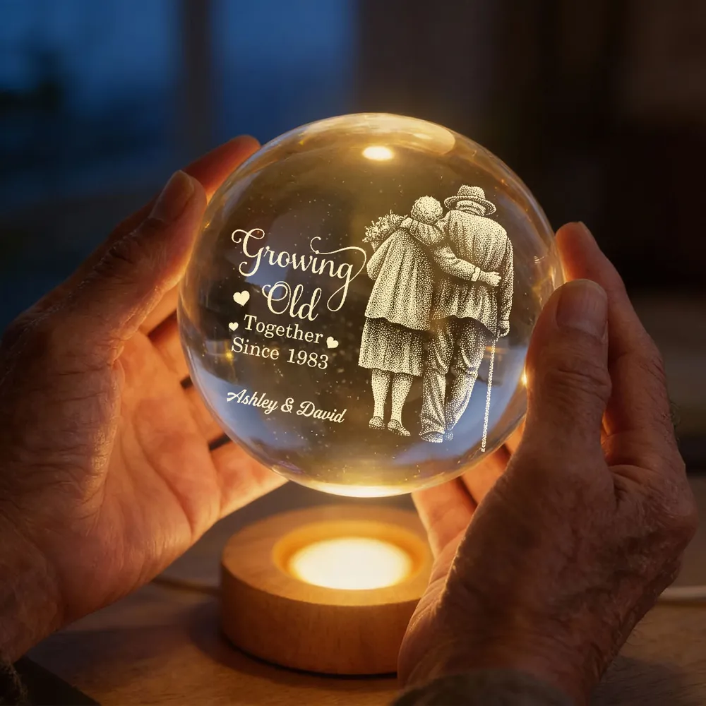 Personalized Crystal Ball LED Night Light With 'I Want To Grow Old With You' Couple Design, Romantic Unique Gift For Wife Or Husband - Image 2