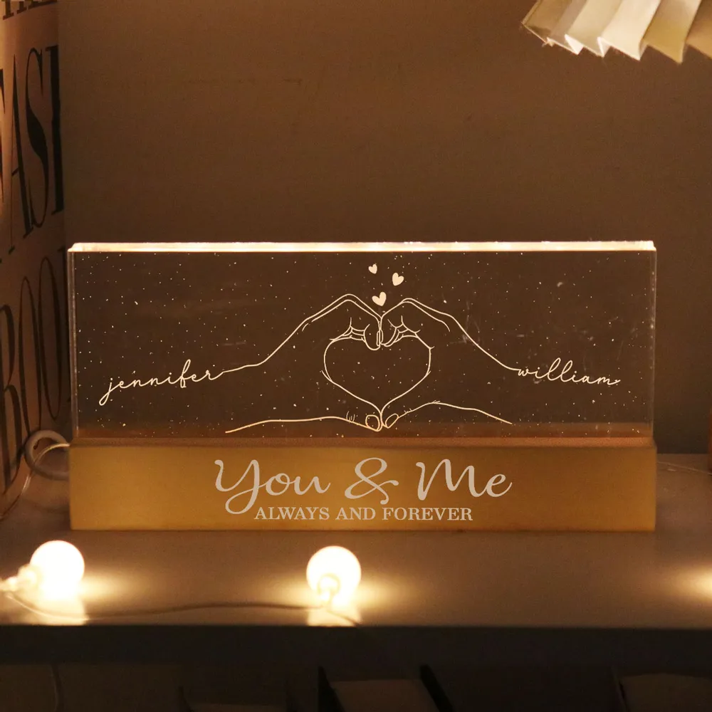 Personalized Block LED Light Plaque with Heart Hands Outline for Couple, Warm Night Light Keepsake, Unique Gift for Him or Her - Image 3