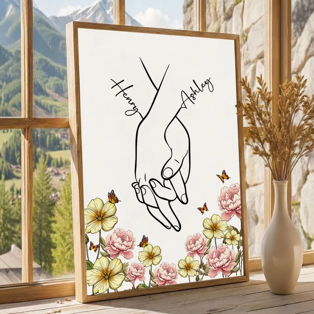 Personalized Couple Hand-Holding Line Art Poster with Floral Butterflies, Modern Minimal Wall Decor, Unique Gift for Him or Her - Image 6
