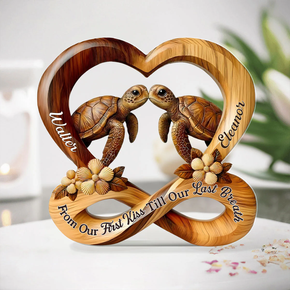 Personalized Shaped Acrylic Block Plaque Turtle Kiss in Heart Infinity Design - Unique Romantic Gift for Couples - Image 2