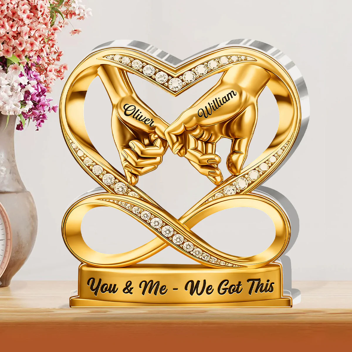 Personalized Shaped Acrylic Block Plaque, Linked By Love Pinky Promise Hands, Romantic Shelf Decor, Unique Gift for Couple - Image 2