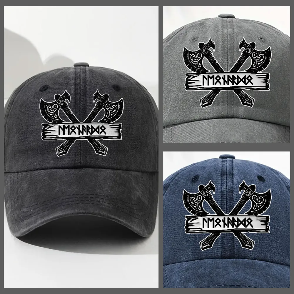 Washed Denim Baseball Cap with Crossed Viking Axes Rune Style, Personalized One of a Kind Everyday Sun Cap, Cool Gift - Image 5