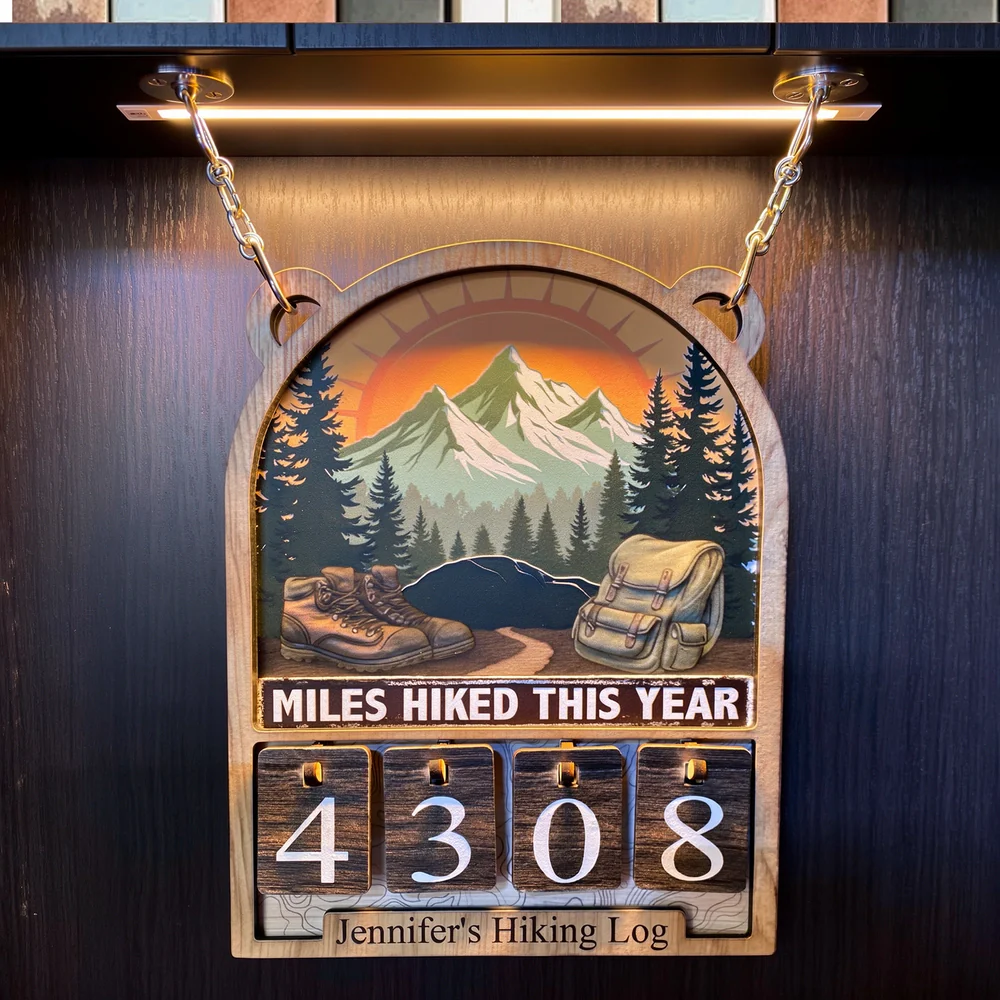 Personalized Hiking Miles Tracker Sign - Mountain Sunset Decor, Unique Gift for Hikers