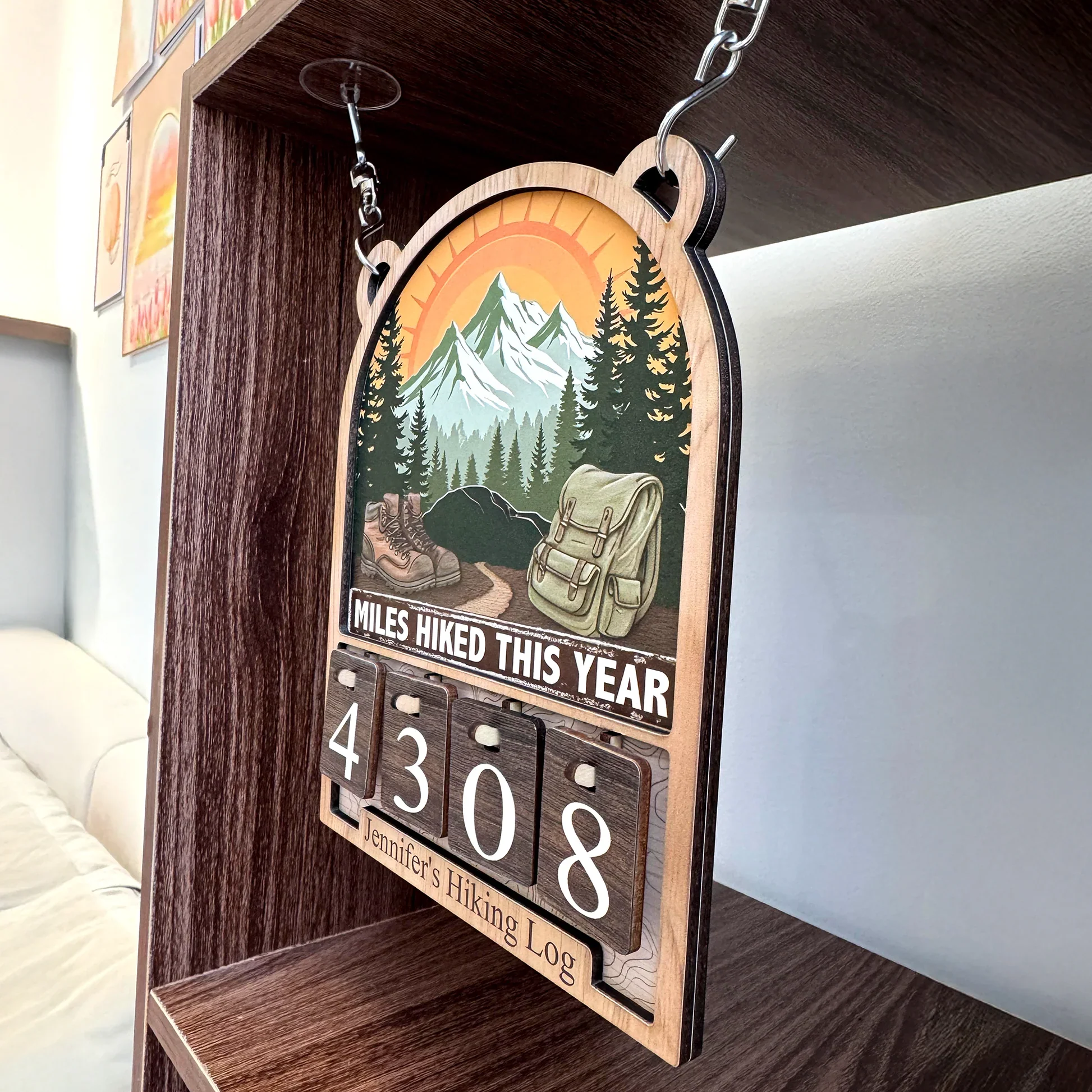 Personalized Hiking Miles Tracker Sign - Mountain Sunset Decor, Unique Gift for Hikers - Image 3