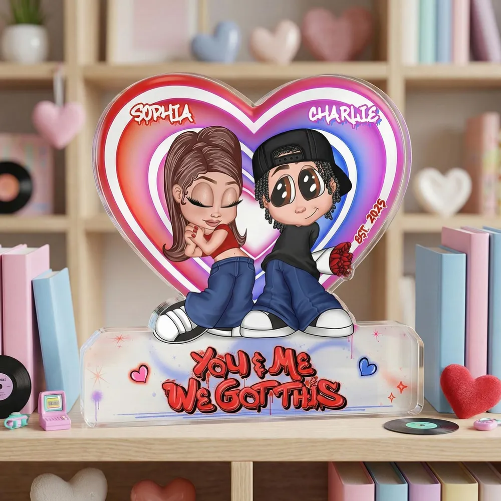 Personalized Shaped Acrylic Block Plaque Y2K Cartoon Couple With Roses, You & Me We Got This, Unique Gift for Boyfriend or Girlfriend - Image 6