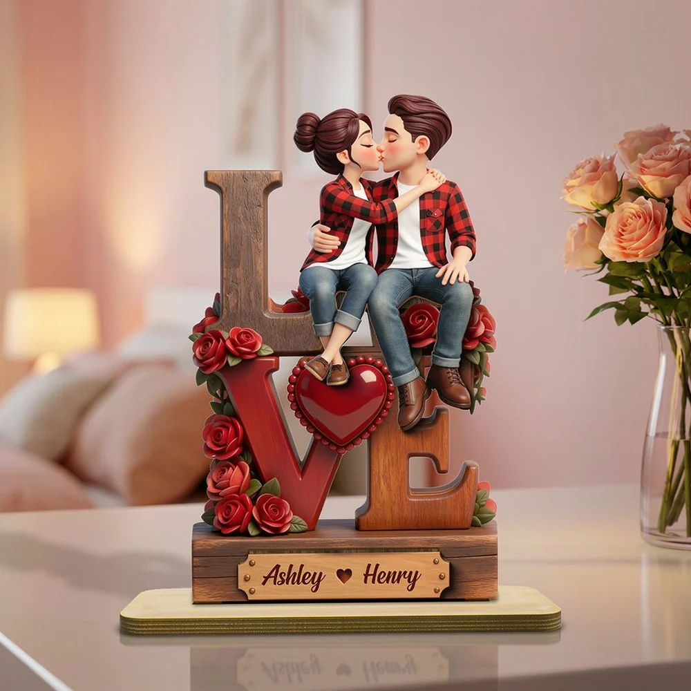 2-Layer Wooden Plaque with Kissing Couple on LOVE and Red Roses - Personalized Keepsake for Anniversary or Valentine's Gift