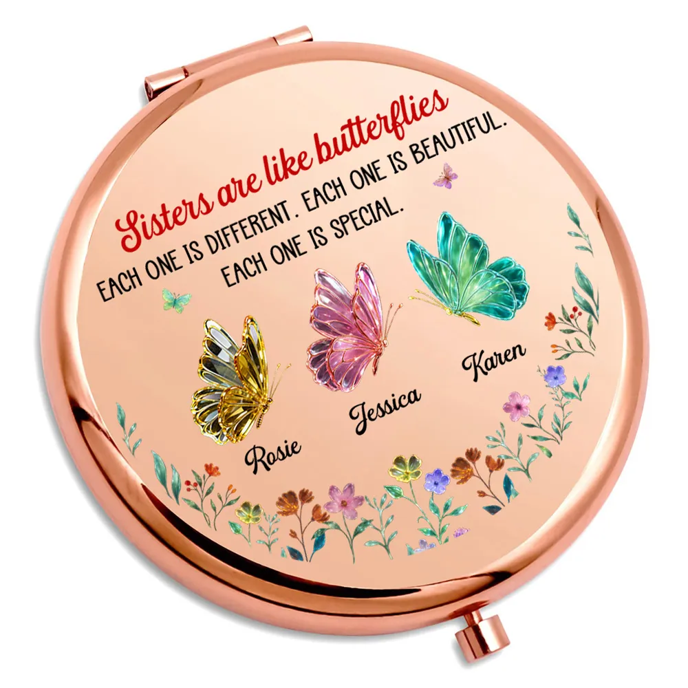 Personalized Metal Compact Mirror Sisters Are Like Butterflies Floral Butterfly Design Unique Gift for Sister - Image 3