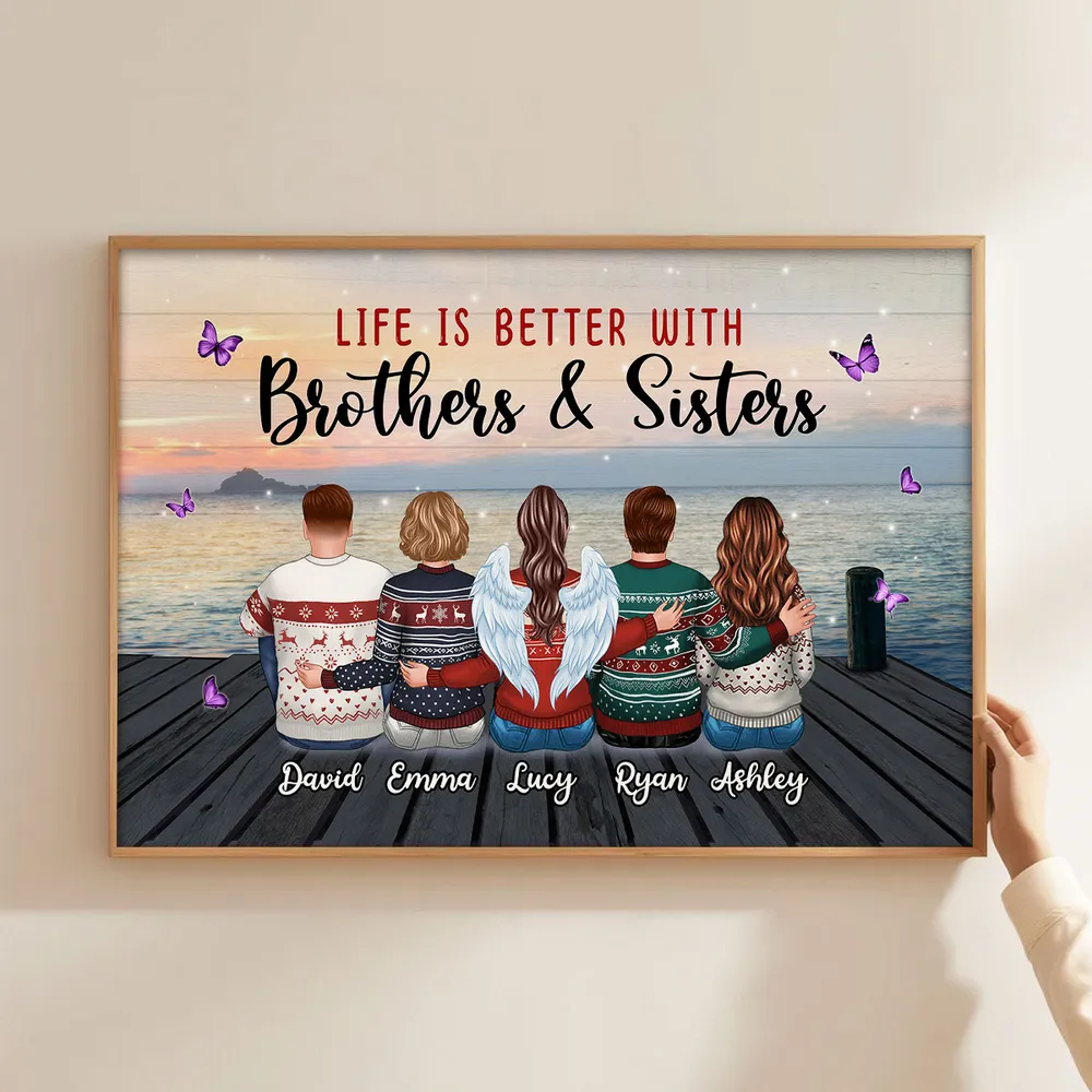 Personalized Brothers & Sisters Sunset Dock Poster, Sitting Siblings Wall Art, Unique Gift for Family - Image 4