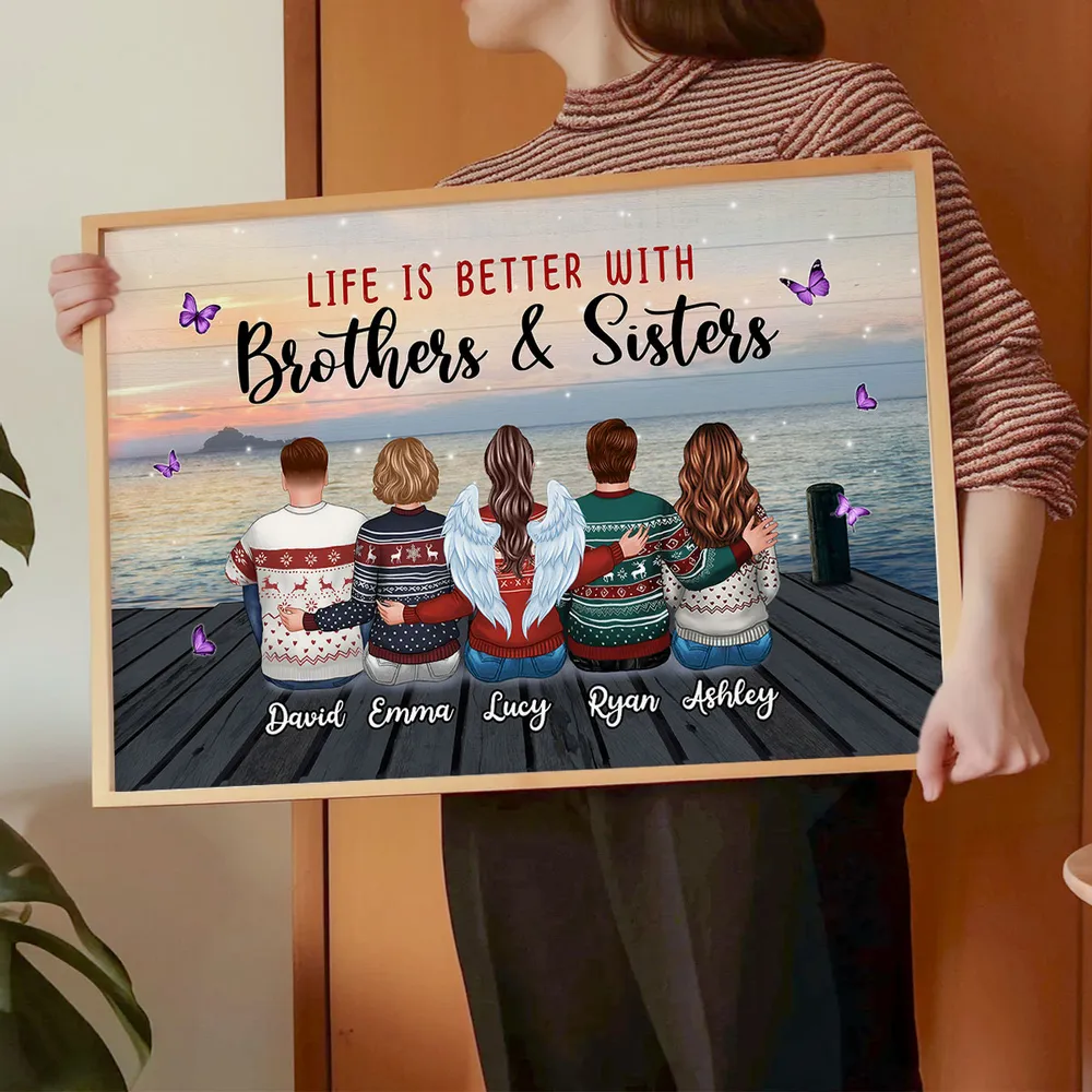 Personalized Brothers & Sisters Sunset Dock Poster, Sitting Siblings Wall Art, Unique Gift for Family - Image 5