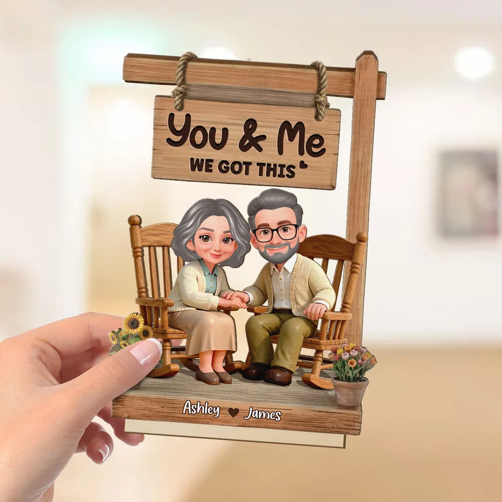 You & Me We Got This Personalized 2-Layer Wooden Plaque Sweet Couple Rocking Chair Scene for Anniversary or Valentine's Day Gift - Image 3