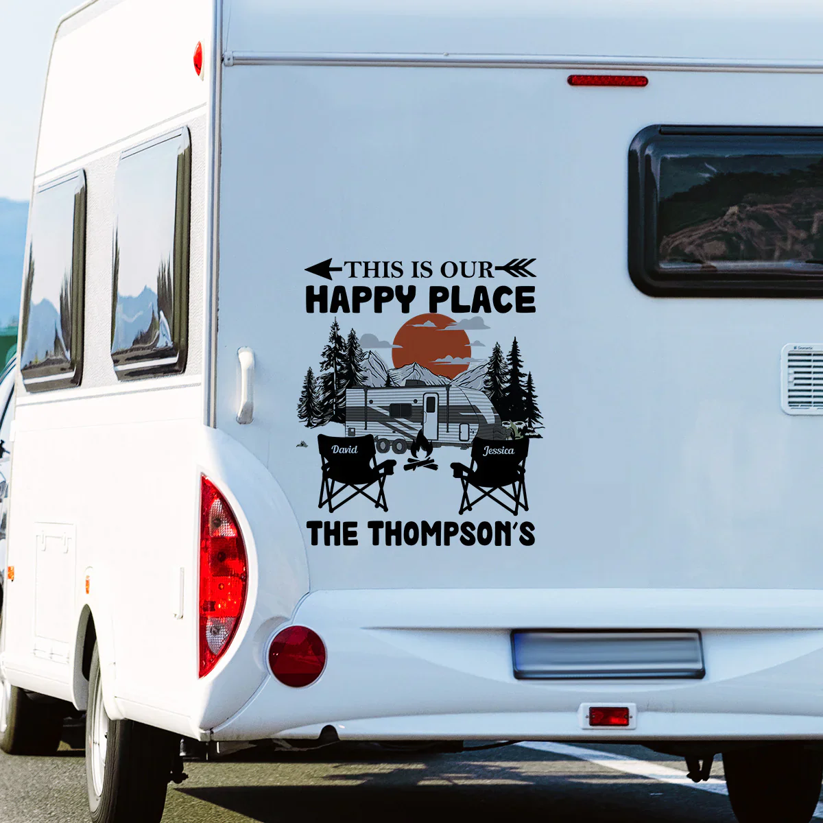 Personalized Happy Place RV Camping Sticker Decal With Custom Family Name, Mountain Sunset Scene, Unique Gift - Image 5