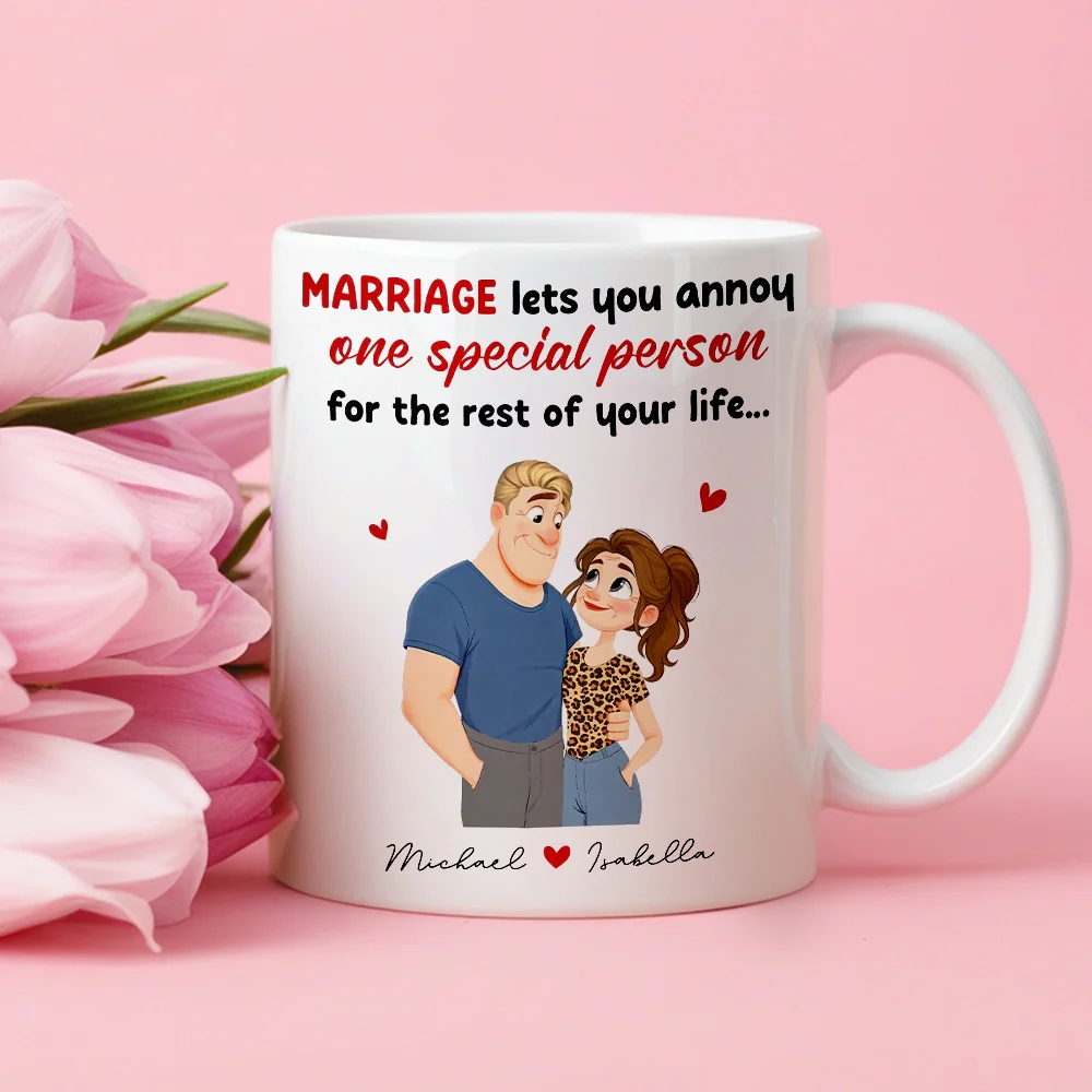 Personalized Ceramic Mug Funny Marriage Quote With Cute Couple Illustration - Unique Gift For Wife Or Husband