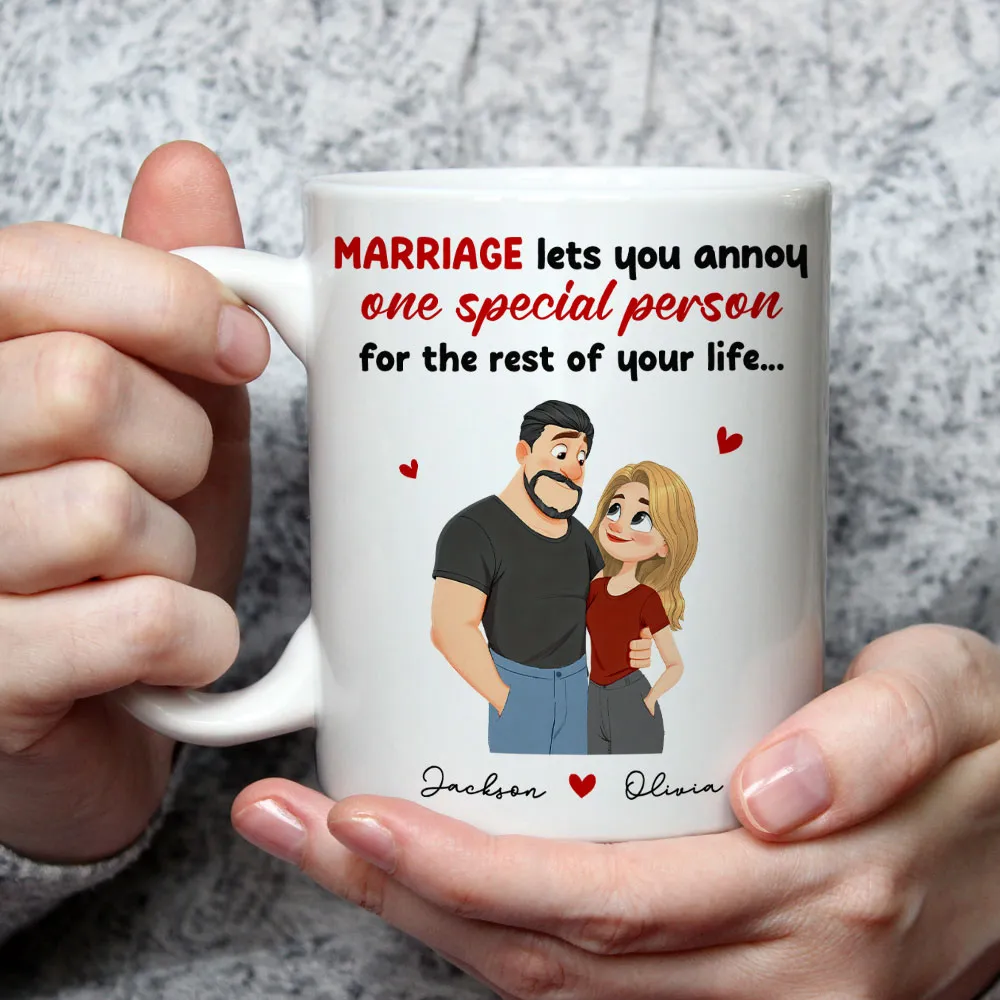 Personalized Ceramic Mug Funny Marriage Quote With Cute Couple Illustration - Unique Gift For Wife Or Husband - Image 2