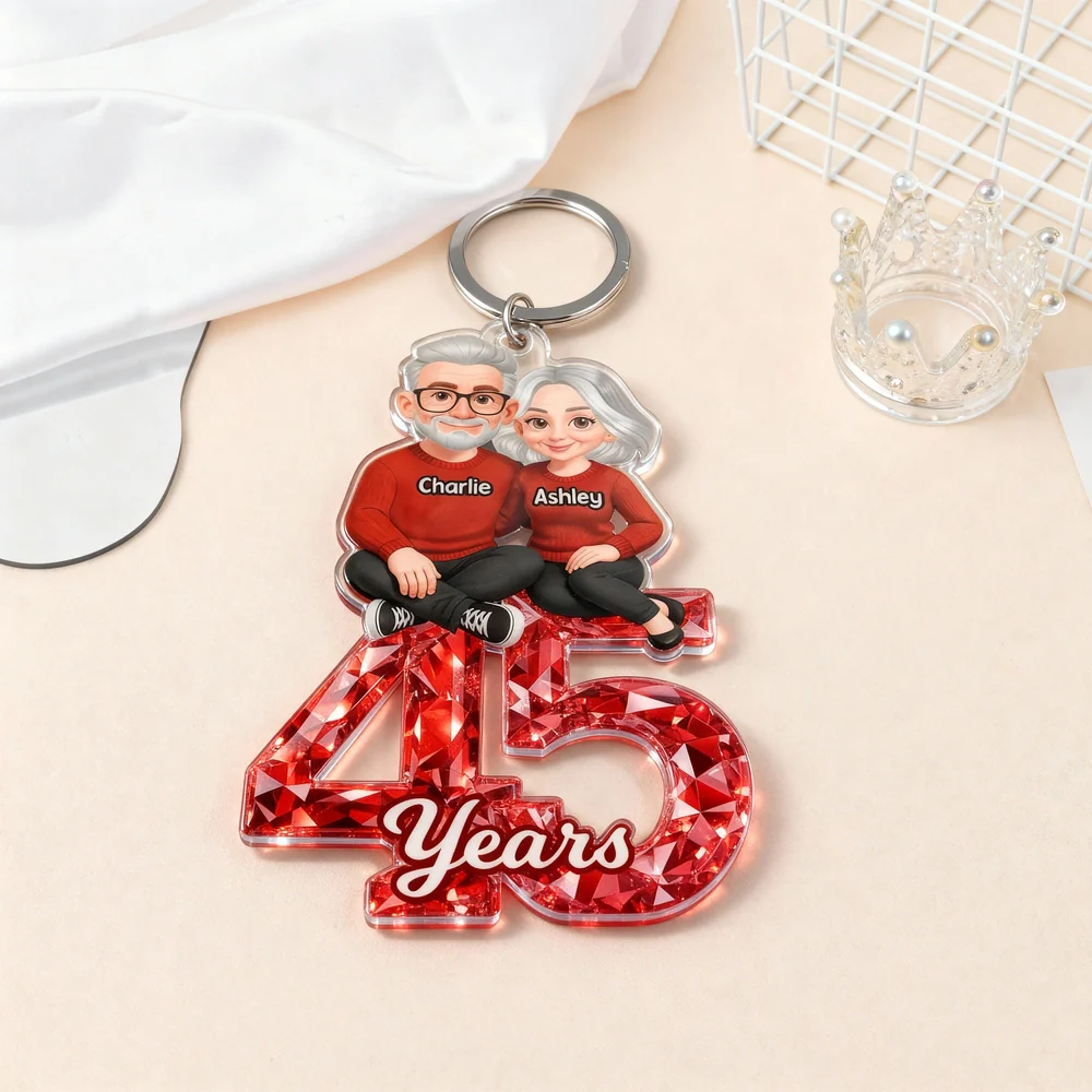Personalized Anniversary Acrylic Keychain With Couple Illustration Red Gem Look A Unique Gift For Husband Or Wife - Image 2
