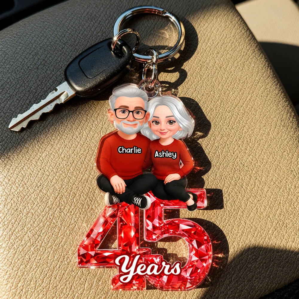 Personalized Anniversary Acrylic Keychain With Couple Illustration Red Gem Look A Unique Gift For Husband Or Wife - Image 4