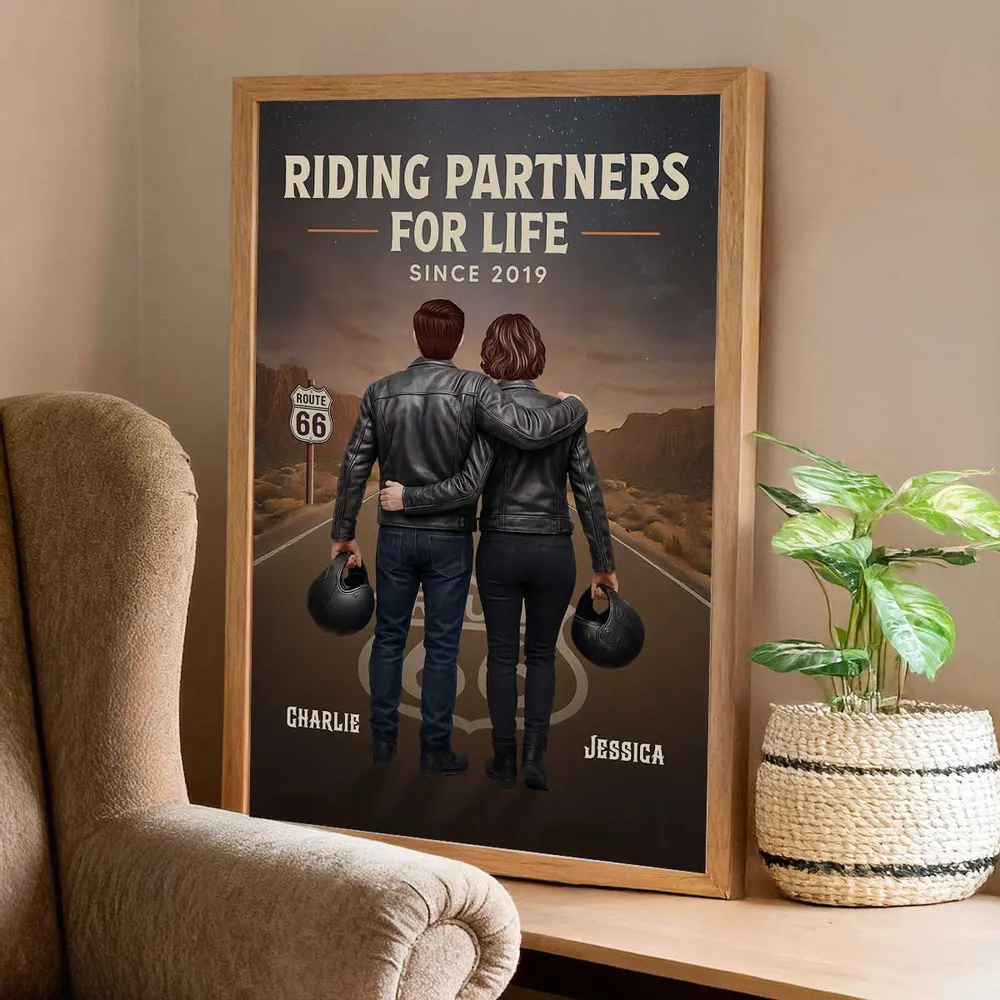 Personalized Biker Couple Poster, Riding Partners for Life Road Scene Wall Art, Unique Gift for Him & Her - Image 4